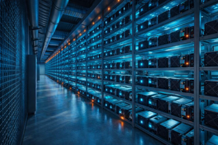granja de minería ASIC profesional con racks organizados y equipos en funcionamiento para Bitcoin