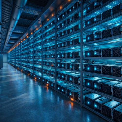 granja de minería ASIC profesional con racks organizados y equipos en funcionamiento para Bitcoin