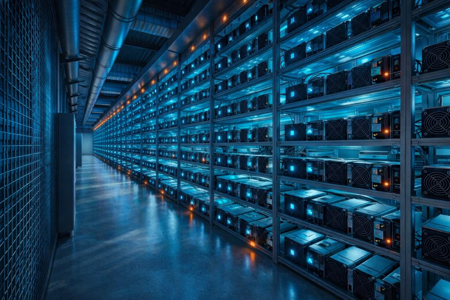 granja de minería ASIC profesional con racks organizados y equipos en funcionamiento para Bitcoin