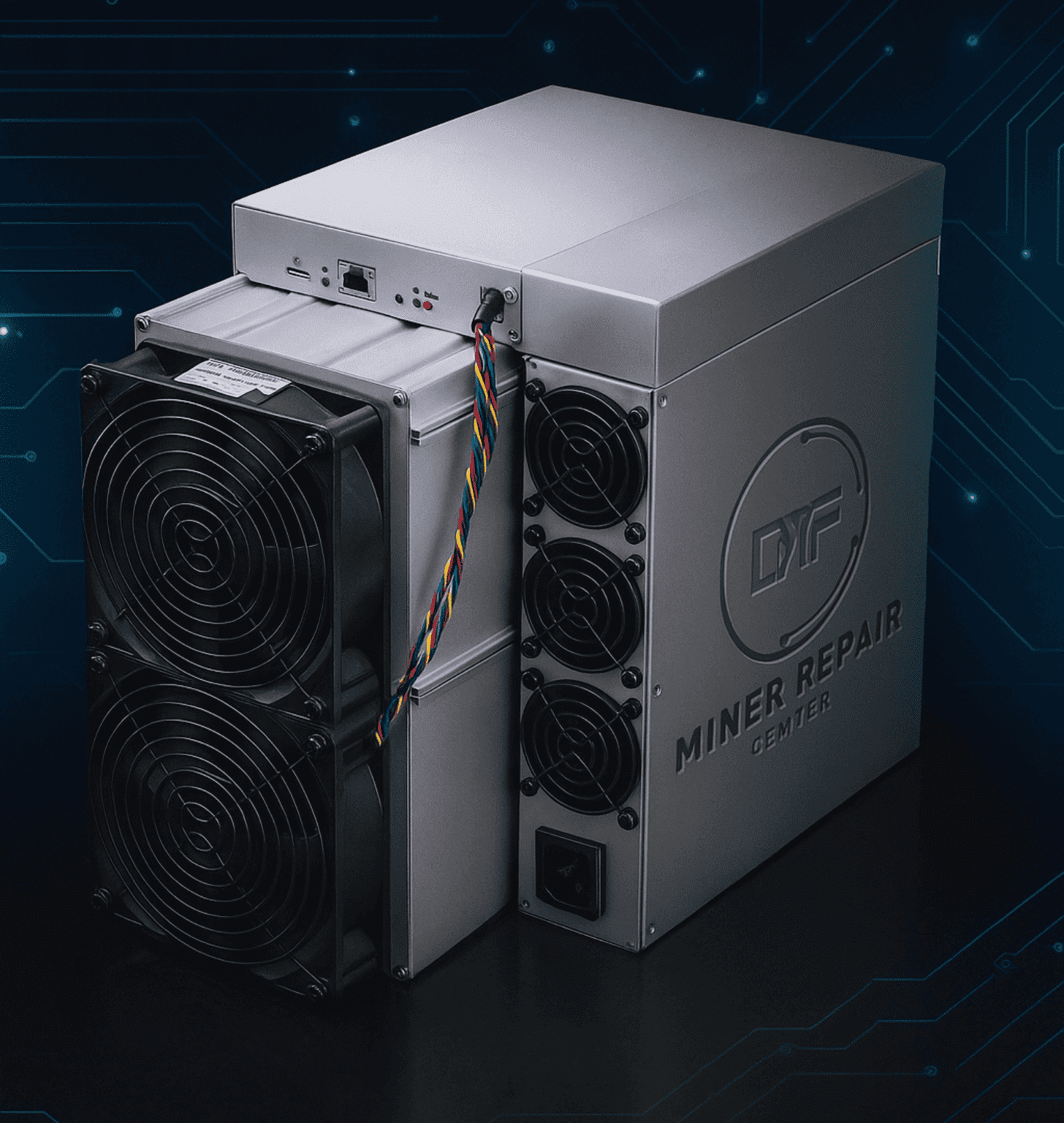 Antminer S19J Pro con logo DMF Miner Repair Center grabado en el chasis, sobre fondo tecnológico azul futurista