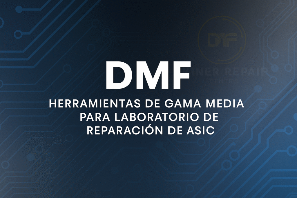 Diseño abstracto tecnológico en tonos azul oscuro con circuitos impresos y el logo DMF en marca de agua, ilustrando la guía de herramientas de gama media para reparación de mineros ASIC.