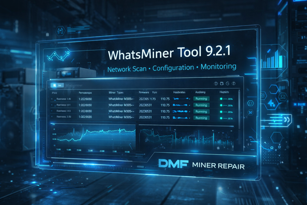 WhatsMiner Tool 9.2.1 interfaz de gestión y monitoreo de equipos ASIC Whatsminer en red local - DMF Miner Repair
