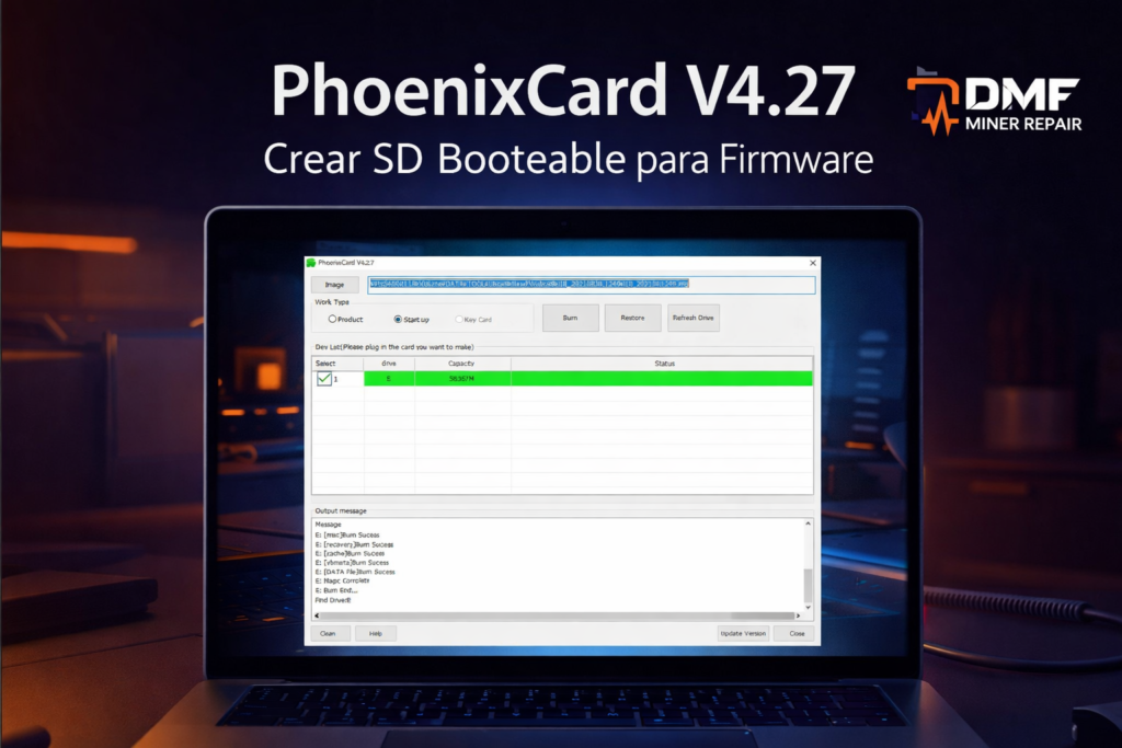 PhoenixCard V4.27 ejecutándose en portátil mostrando grabación de firmware en tarjeta SD para equipos ASIC