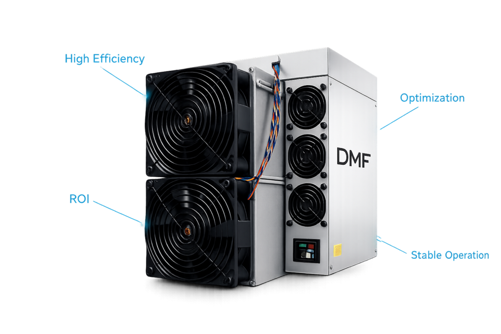 Equipo ASIC profesional con branding DMF mostrando eficiencia, optimización y operación estable mediante indicadores técnicos en color cian conectados al hardware