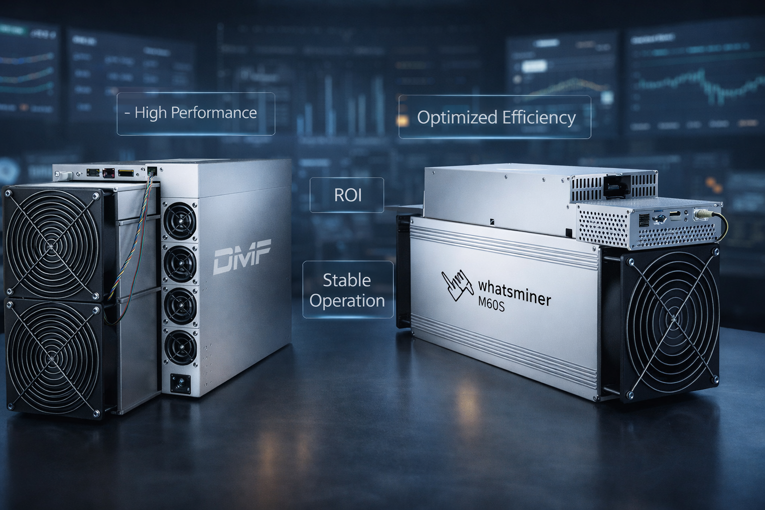 Venta de equipos ASIC Antminer S21 y Whatsminer M60S en laboratorio técnico con análisis de rendimiento y optimización para minería de criptomonedas