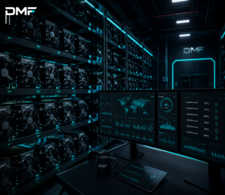 Centro de operaciones y granja ASIC profesional para minería Bitcoin con monitoreo técnico DMF