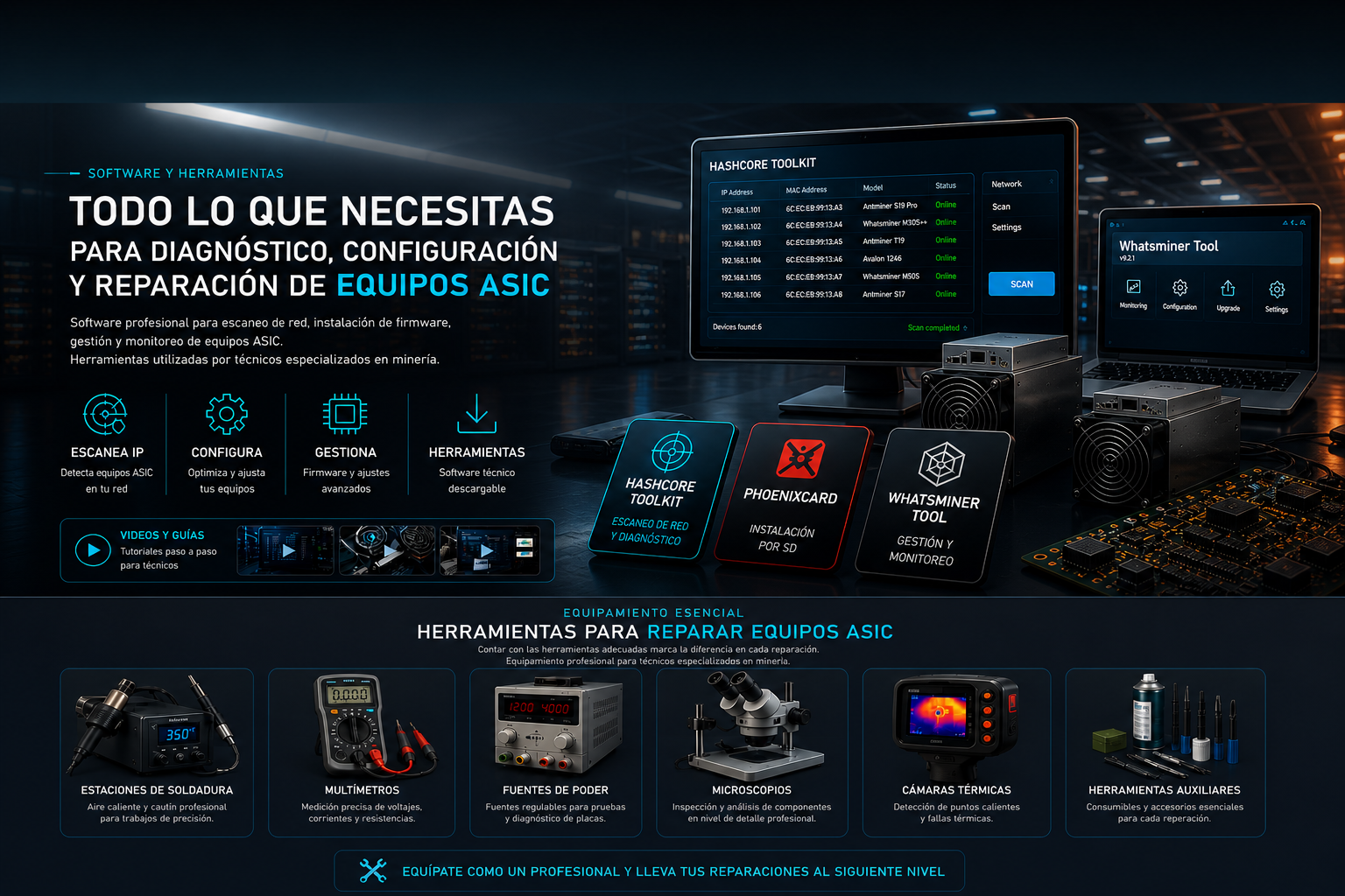 Software y herramientas ASIC para minería con Hashcore Toolkit, PhoenixCard y Whatsminer Tool para diagnóstico, escaneo de IP e instalación de firmware