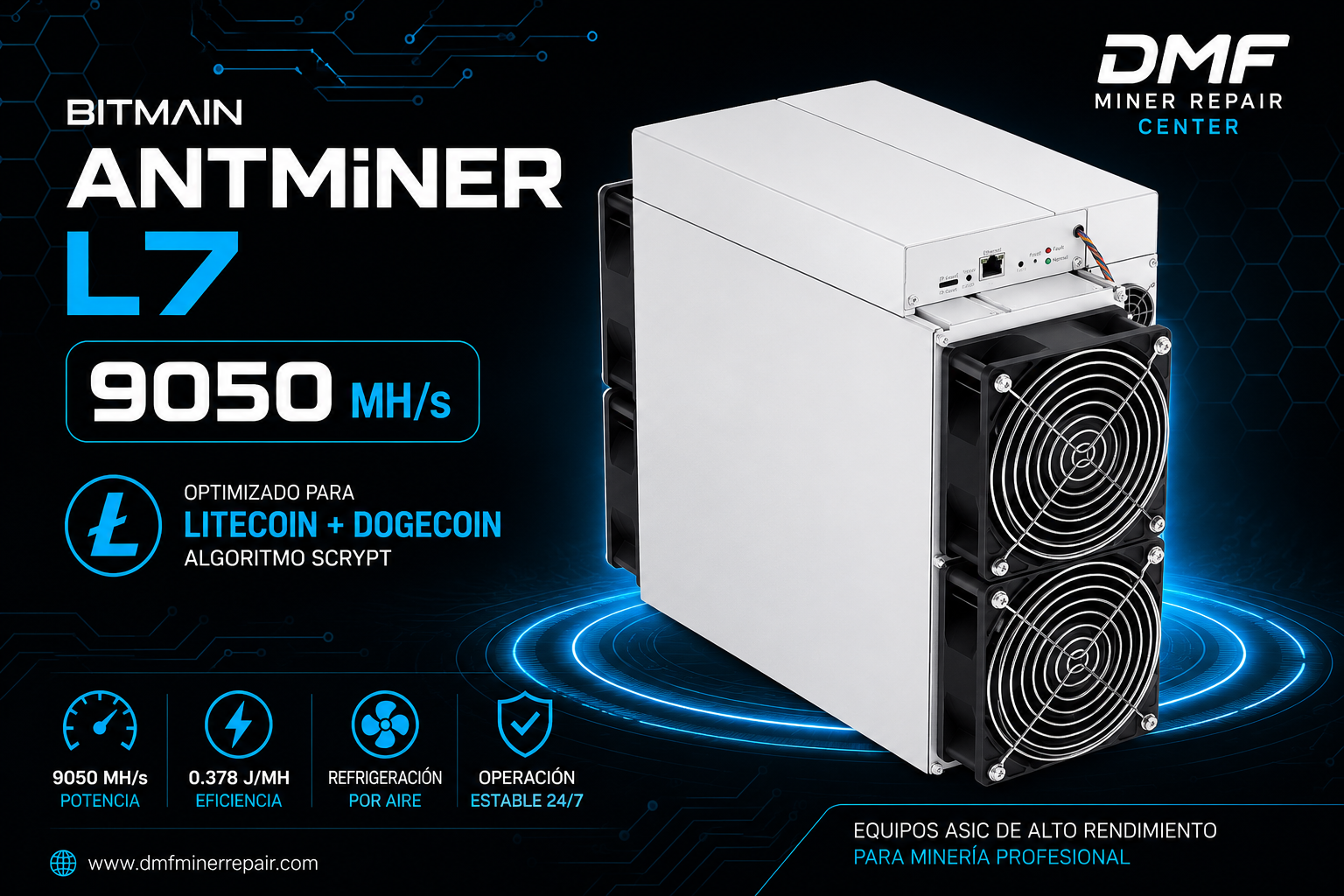 Antminer L7 9050 MH ASIC para minería profesional de Litecoin y Dogecoin