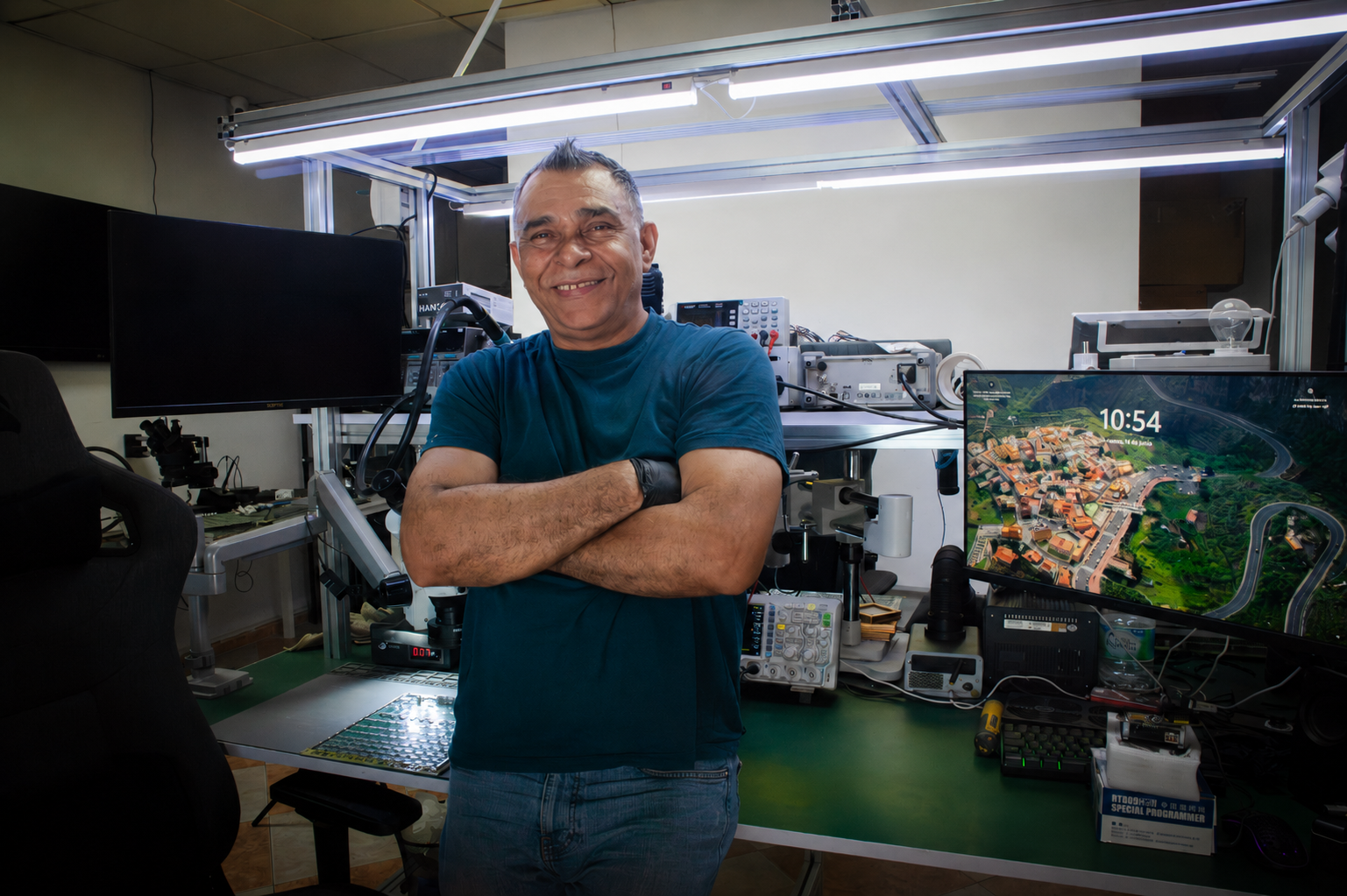 Franklin López en el laboratorio de DMF Miner Repair Center especializado en reparación de equipos ASIC para minería de Bitcoin.