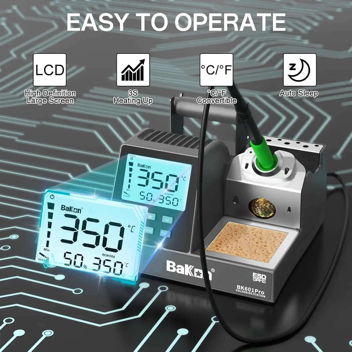 Cautín profesional BAKON BK601Pro C210 para soldadura electrónica y reparación de placas