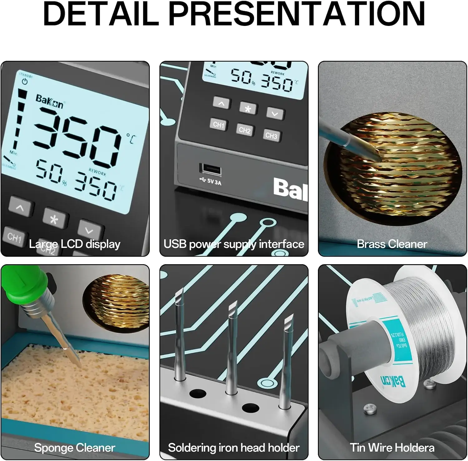 Kit de estación de soldadura BAKON BK601Pro con pantalla LCD y accesorios para microsoldadura