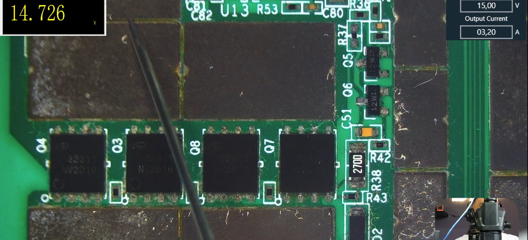 Medición de 14.72 V antes de MOSFET en hashboard Antminer S19