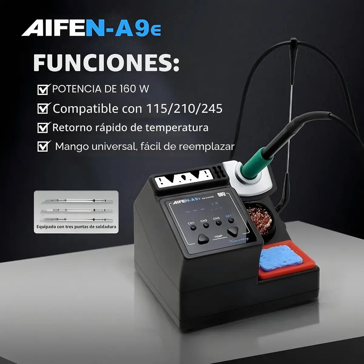 Cautín profesional AIFEN A9E compatible con C115 C210 C245 y C470 para soldadura electrónica
