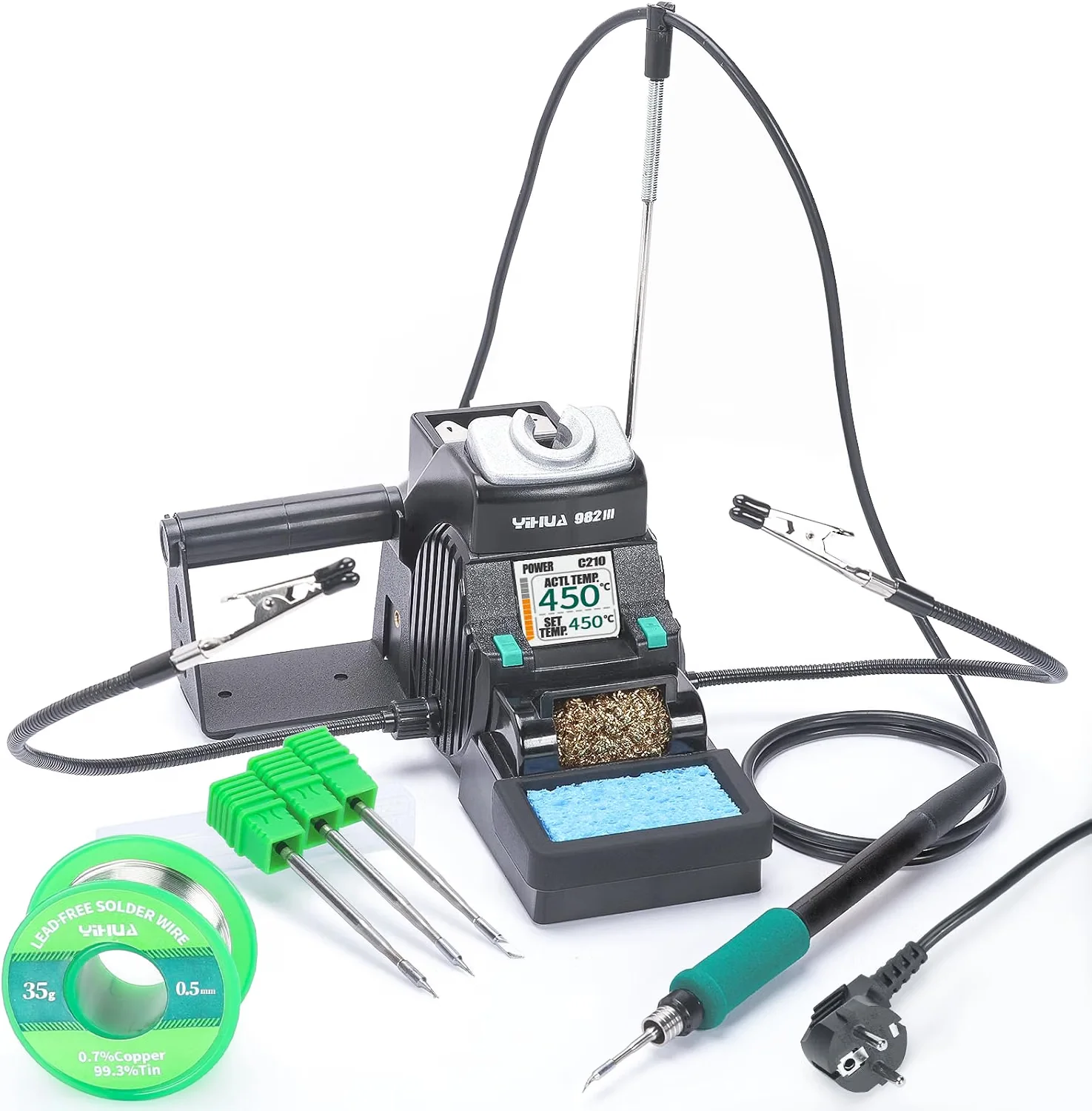 Cautín profesional YIHUA 982-III compatible con cartuchos C210 para soldadura electrónica